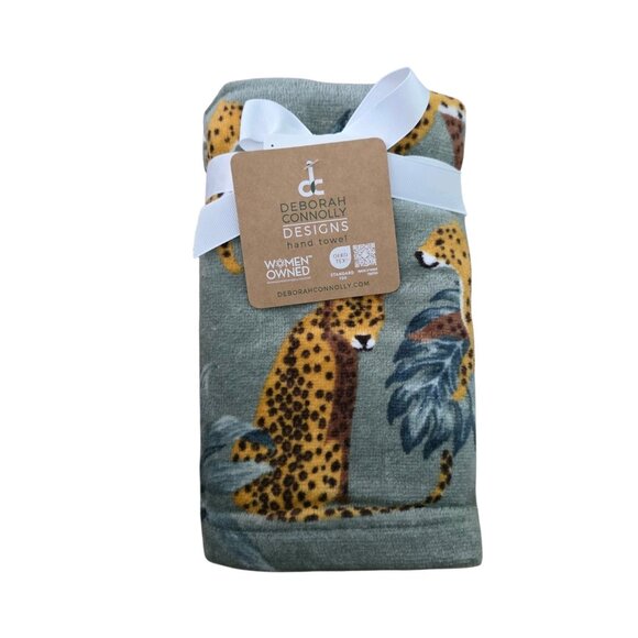 Deborah Connolly Set of 2 Cheetah Leopard Jungle Green Hand Towels NWT - Picture 1 of 2